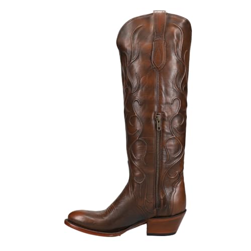 Lucchese Womens Peri Tooled-Inlay Round Toe Dress Boots Mid Calf Low Heel 1-2' - Brown - Size 7.5 B