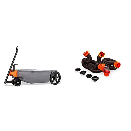 Camco Rhino Tote Tank, w/Front Wheels 28 Gallon (E/F) & 20' (39742) RhinoFLEX 20-Foot RV Sewer Hose Kit, Swivel Transparent Elbow with 4-in-1 Dump Station Fitting-Storage Caps Included, Black, Brown