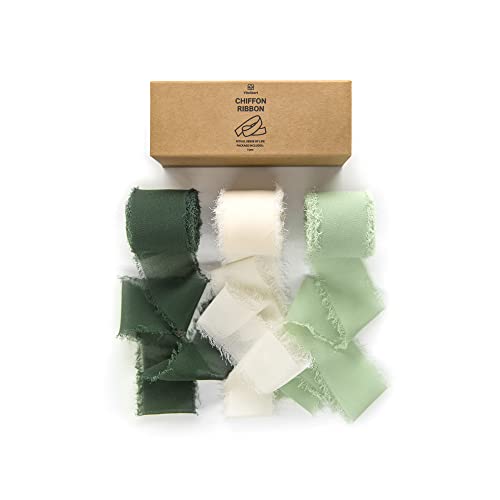 Vitalizart 3 Rolls Handmade Fringe Chiffon Silk Ribbon 1.5' x 7Yd Cream & Green Ribbons Set for Wedding Invitations Bridal Bouquets Gifts Wrapping DIY Crafts