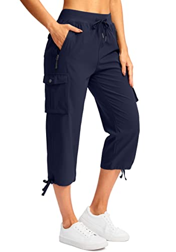 Soothfeel Women's Cargo Capris Pants with 6 Pockets Lightweight Quick Dry Travel Hiking Summer Pants for Women Casual (Navy, XL)