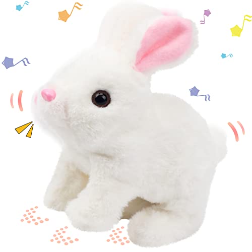 Hopearl Hopping Rabbit Interactive Electronic Pet Plush Bunny Toy with Sounds and Movements Animated Walking Wiggle Ears Twitch Nose Gift for Toddlers Birthday, White, 7''