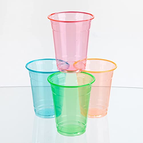 PartyMars 12 Oz 20pcs Disposable Multicolor Neon Glowing Plastic Cups Party Drinking Cups For Wedding Birthday Halloween Christmas Night Party