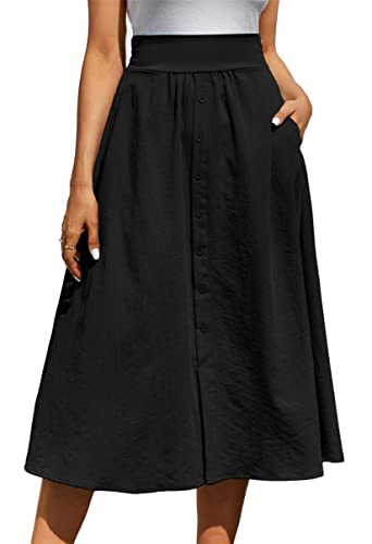 Kate Kasin Women Summer Causal Midi Skirts Elastic High Waist Pleated A Line Swing Skirts with Pockets Black XL