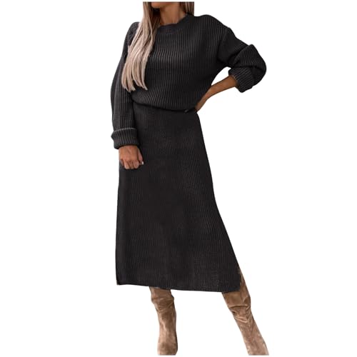 Women Waffle Knit Sweater Dress Pullover Sweater Oversized Sweatshirts Loose Fall Winter Long Tops Peplum Dress Black