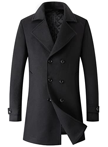 chouyatou Men's Classic Double Breasted Wool Blend Pea Coat Mid Long Trench Coat (Large, Black)