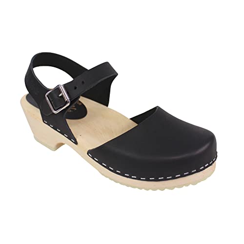 Lotta From Stockholm Swedish Low Wood Clogs - Black Leather Clogs for Women I Supportive Wooden Clog with Buckle I 2 inch Heel & 3/4 inch Platform -39