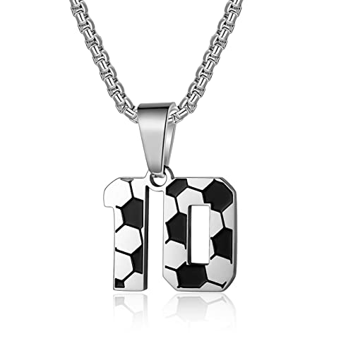 ZRAY Soccer Number Necklace for Boys Soccer Charm Pendant Stainless Steel Silver Chain 22+2 inch Personalized Soccer Gift for Men Women Girls（10）