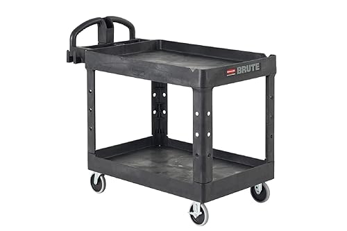 Rubbermaid Commercial Products 2-Shelf Utility/Service Cart, Medium, Lipped Shelves, Ergonomic Handle, 500 Lbs Capacity, for Warehouse/Garage/Cleaning/Manufacturing (FG452088BlA)