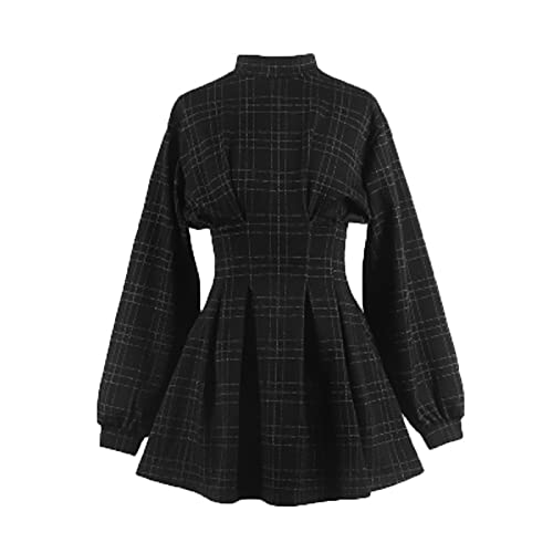 Goth Long Sleeve Dress Gothic Harajuku Vintage Plaid Wrap Balck Mini Dress Retro Pleated Punk Long Sleeve Dark Emo(Gray Grid,XL)