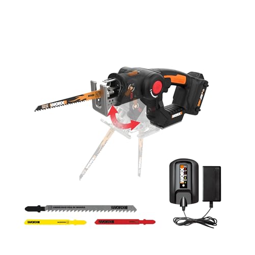 Worx 20V AXIS 2-in-1 Cordless Reciprocating Saw & Jig Saw, Orbital Cutting Reciprocating Saw, Pivoting Head Jigsaw Tool with Tool-Free Blade Change, Power Share WX550L – Battery & Charger Included