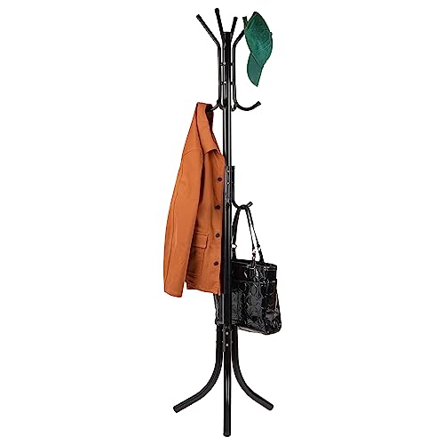 Mind Reader Coat Rack, Hall Tree, Freestanding Organizer, Coat Tree, Hat, Jacket, Purse, Metal, 18'L x 18'W x 68.5'H, Black, 11