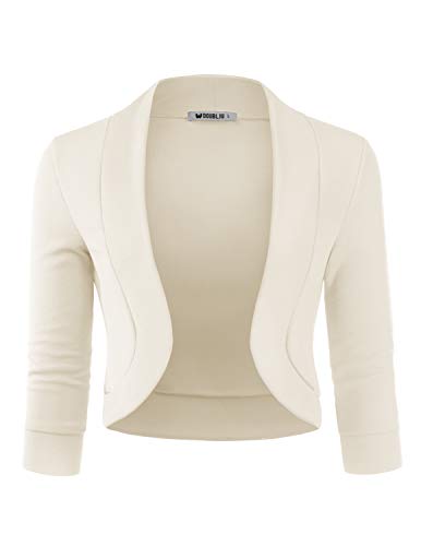 DOUBLJU Bolero Open Front Cardigan Crop Jackets 3/4 Sleeve Basic Cropped Blazers Business Casual for Womens with Plus Size, Ivory, L