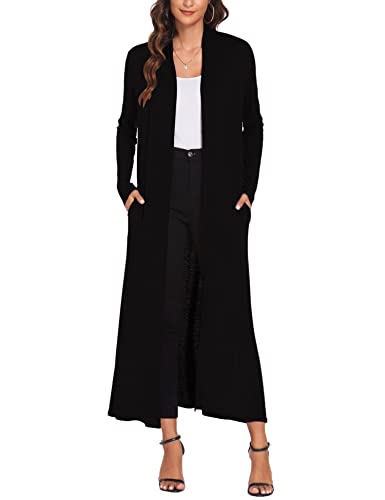 Bluetime Women Floor Length Open Front Drape Cardigan Lightweight Long Sleeve Maxi Duster with Pockets (L, Black)