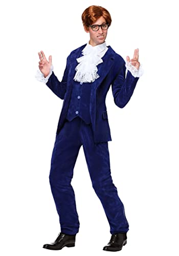 Adult 60's Spy Swinger Costume Mens, Deluxe Shagadelic Navy Blue Suit Halloween Groovy Party Outfit