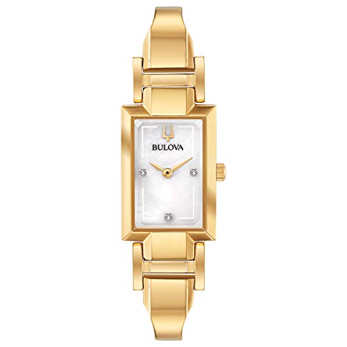 Bulova Ladies' Classic Diamond Dial Quartz Stainless Steel Watch, Rectangle, Mother-of-Pearl, Gold Tone