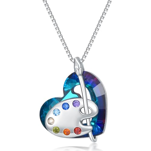 PELOVNY Art Palette Necklace with Heart Crystal Sterling Silver Artists Palette Pendant Art Painter Jewelry Art Gifts for Art Teacher Women