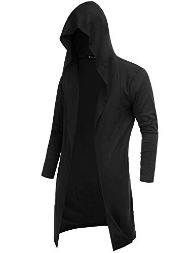 RAGEMALL Mens Long Cardigan Open Front Draped Lightweight Hooded Sweater with Pockets Black_L