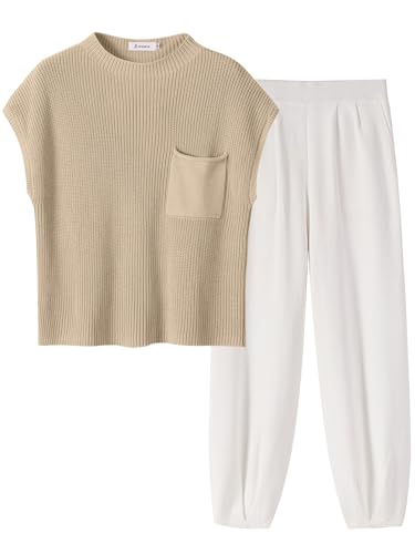 ANRABESS Women's Two Piece Outfits Knit Sweater Pullover Crop Top & Pants Lounge Matching Tracksuit Sweatsuit Sets 2024 Trendy Loungewear Clothes Khaki White Medium