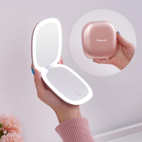 Compact LED Magnifying Travel Makeup-Mirror - 4 inches 1X/10X Magnification Small Hand Pocket Dimmable Double Sided USB Rechargeable Touch Screen, Portable Tabletop Cosmetic (Rose Gold)