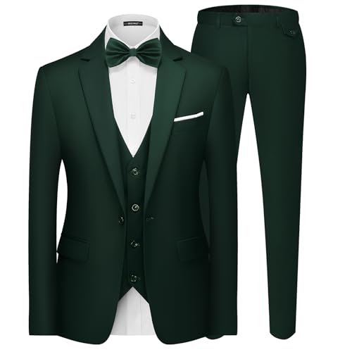 MAGE MALE Men's 3 Pieces Suit Elegant Solid One Button Slim Fit Single Breasted Party Blazer Vest Pants Set Dark Green