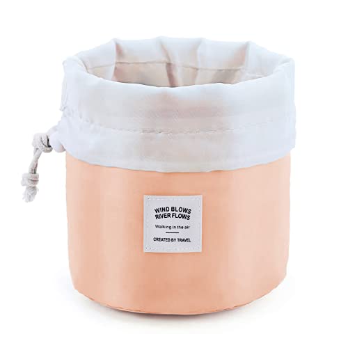 EUOW Travel Cosmetic Bags Barrel Makeup Bag,Women&Girls Portable Foldable Cases, Multifunctional Toiletry Bucket Bags Round Organizer Storage Pocket Soft Collapsible（Pink）