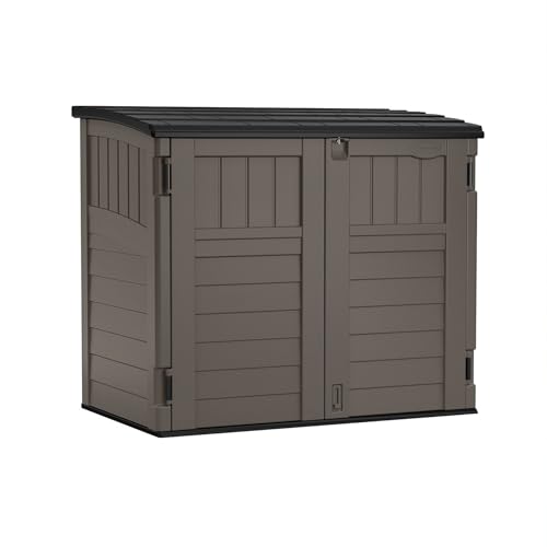 Suncast Modernist 4' x 2.5' Lockable Outdoor Garden Resin Low Profile Horizontal Storage Shed with 3 Doors, 34 Cubic Feet, Gray