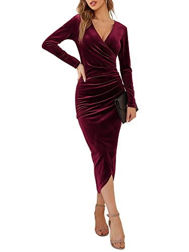 DIRASS Dress for Women 2023 Winter Christmas Wedding Guest Velvet Dress Long Sleeve Ruched Cocktail Red Party Dress S, Wine Red