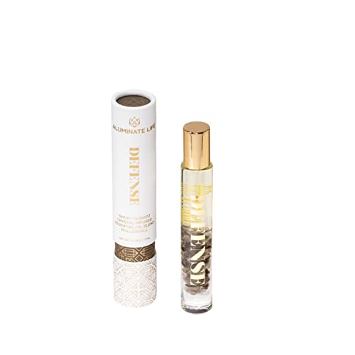 Aluminate Life Essential Oil Rollerballs, 34 OZ, Defense - Smoky Quartz Crystal Infused - Scents of Frankincense, Neroli, & Sage - Aromatherapy Roll On Oils, Skin Care, Massage