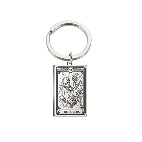 TEAMER Skeleton Tarot Cards Keychains Stainless Steel Amulet Marigold Tarot Card Major Arcana Keyring for Keys Cars Bags (Steel Color-THE LOVERS)