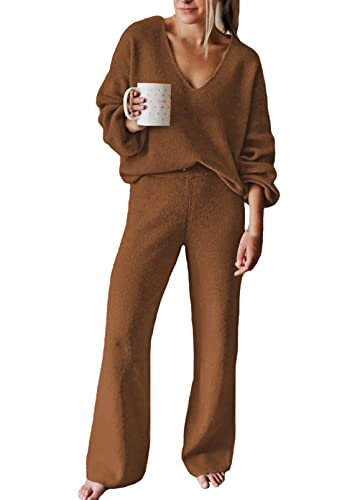 Viottiset Women's 2 Piece Outfits Sweater Set V Neck Knit Pullover Top Wide Leg Pants Sweatsuit Brown S