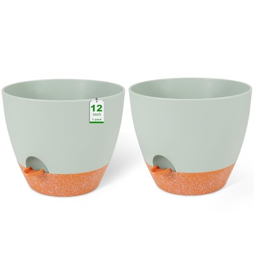 GARDIFE 12 inch planters, Plant Pots,Self Watering Pots, 2 Pack Large Plastic Flower pots with Deep Reservior and High Drainage Holes for Indoor Outdoor Plants and Flowers, Green
