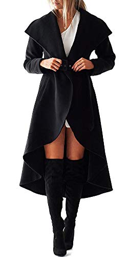 SAUKOLE Women's Winter Wool Trench Coat Wrap Large Collar High Low Jacket Outwear with Belt