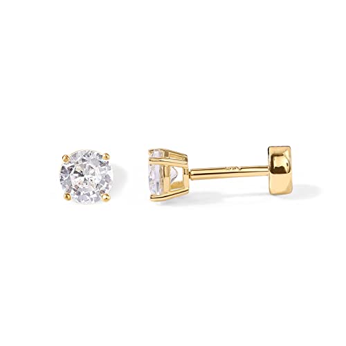 PAVOI 14K Gold Plated Round Cubic Zirconia Flat Back Studs (4 Millimeters, Yellow Gold)