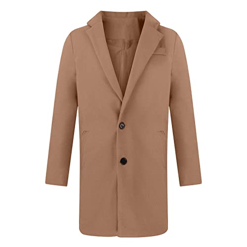 Mens Single Breasted Trench Coat Winter Wool Blend Pea Coat Oversized Warm Lapel Work Business Jacket Outerwear(Khaki,XXL)
