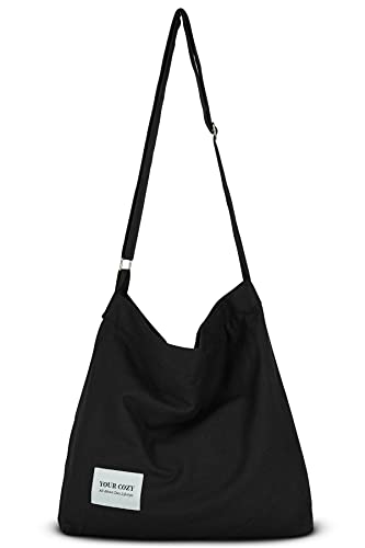 YOUR COZY Women's Retro Large Size Cotton Shoulder Bag Hobo Crossbody Handbag Casual Tote For Shopping and Travel (Black)