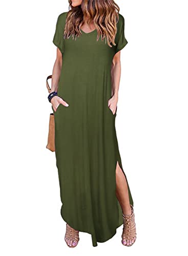 HUSKARY Women's Summer Daily Ritual Maxi Dress Casual Loose Pockets Long Dress Short Sleeve Split Hawaiian Dress