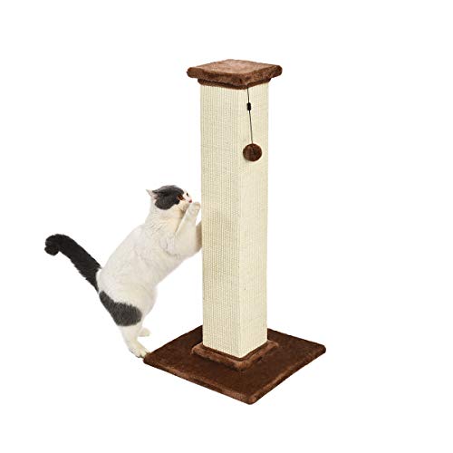 Amazon Basics Tall Cat Scratching Post with Jute Fiber and Brown Carpet, Large, 15.75’’ L x 15.75’’ W x 35.43’’ H