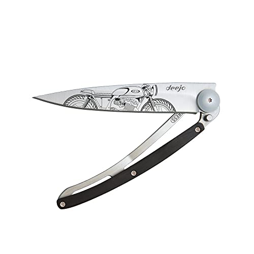 deejo - 0.9 OZ, Titanium, Ebony, Café Racer - Ultra-Light Pocket Folding Knife with a Belt Clip - Z40C13 Stainless Steel