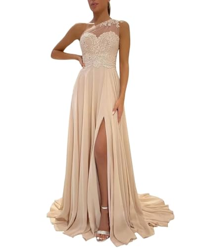 One Shoulder Bridesmaid Dresses for Wedding Long Lace A-Line Silt Prom Dresses with Pockets Formal Evening Gown Champagne Size 16