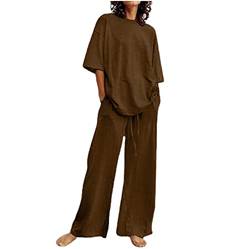 PANOEGSN 2 Piece Outfits for Women Loungewear Casual Short Sleeve Linen Tops Wide Leg Pants Comfy Solid Color Travel Outfits 2023 Summer Fall Cow Girls Outfits Women Digital Orders In My Account