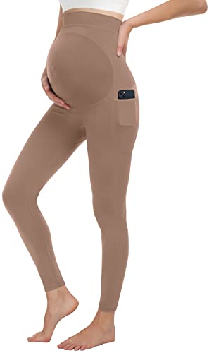 MIRITY Maternity Seamless Leggings Over The Belly Pregnancy Workout Stretchy Pants with Pockets Kakhi