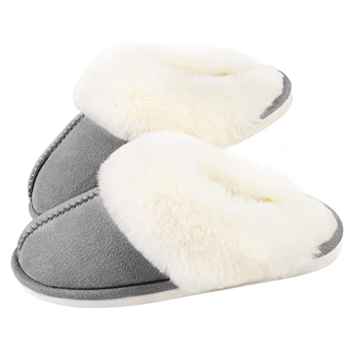 Parlovable Women's Slippers Fuzzy Warm Comfy Faux Fur Slip-on Fluffy Bedroom House Shoes Memory Foam Suede Cozy Plush Breathable Anti-Slip Indoor & Outdoor Winter Grey 7-8