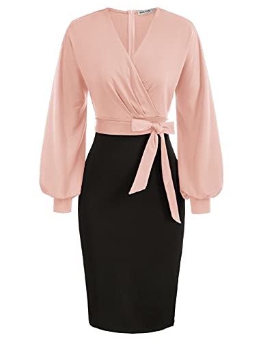 GRACE KARIN Women's Wrap Business Dress for Work Slim Fit Pencil Dress with Long Sleeve Pink-Black XL