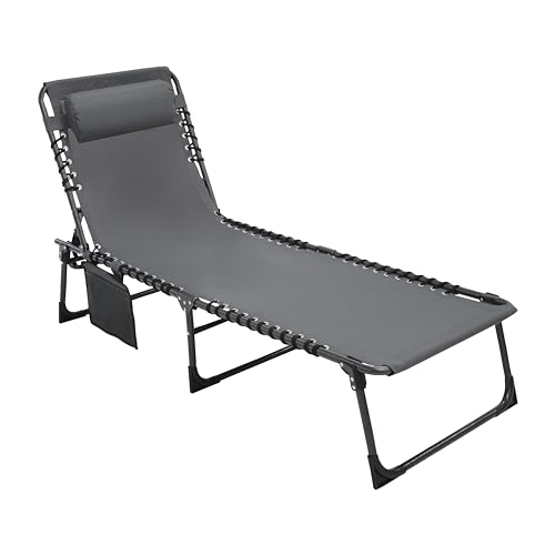 Yardenaler Outdoor Foldable Chaise Lounge Chair with Detachable Pillow & Pocket, Portable Tanning Chair with 4 Position Adjustable Back, Patio, Beach and Pool, Grey