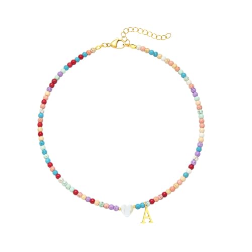 FRG Colorful Initial Beaded Necklace for Teen Girls Women Handmade Stainless Steel 18K Gold Choker Bohemian Necklace with Heart-shaped Shells Meaningful Feminine Minimalist Jewelry Gifts