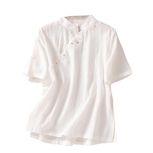 Floral Cotton Linen Retro Chinese Frog Button Blouses for Women Vintage Summer Short Sleeve Side Slit Hem Tops Shirts White