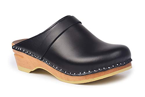 Troentorp Clogs, Bastad Da Vinci Closed Toe Slip On Black Leather Womens Original Wooden Swedish Clogs US 7 (EU 37)