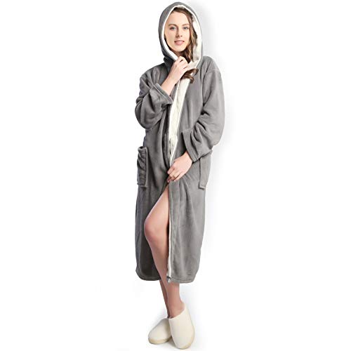KEMUSI Hooded Grey Herringbone Women's Soft Spa Long Kimono Bathrobe,Comfy Full Length Warm Nightdress L