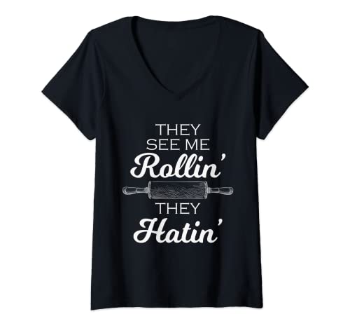 Womens Baker They See Me Rollin' They Hatin' - Funny Rolling Pin V-Neck T-Shirt