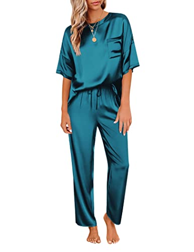 Ekouaer Satin Pajama set for Women Silk Pj Short Sleeve Top and Long Pant Two Piece Silky Sleepwear Nightwear Green